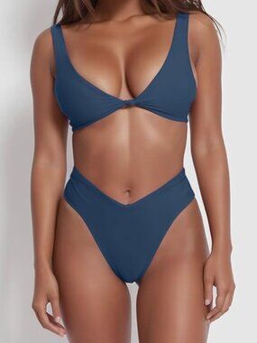 Bikini Set for Women Solid V Neck Knot Front Push Up High Leg Cheeky Swim Blue